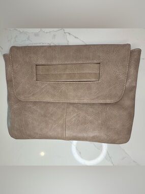 Taupe Faux Leather Fold-Over Clutch